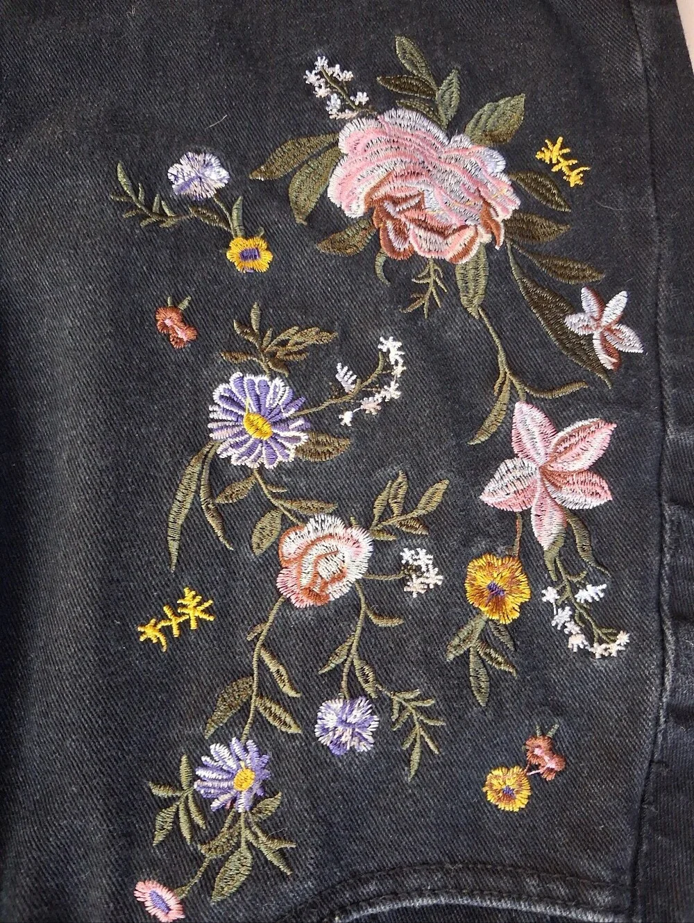 Black Denim Floral Embriodered Skirt